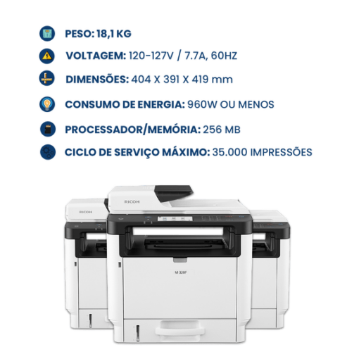 Impressora Multifuncional Ricoh, Laser, 960W, Ethernet, USB, Preto e Branco - Impressora Multifuncional Ricoh, Laser, 960W, Ethernet